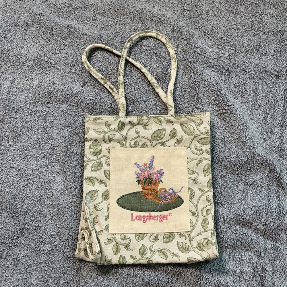 Longaberger Canvas Tote Bag Green Vine Floral Basket Embroidery Small Handbag